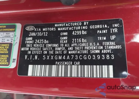 2012 Kia Optima Lx z USA, uszkodzony, nr VIN 5XXGM4A73CG039383